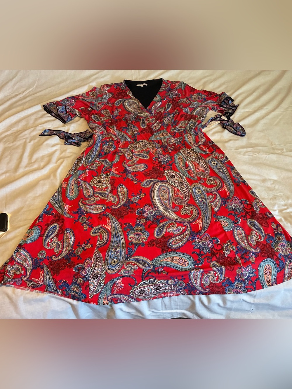 Studio One Plus Size 22W Red Paisley Faux Wrap Dress NWT Tie Waist Midi Dress - Picture 9 of 12